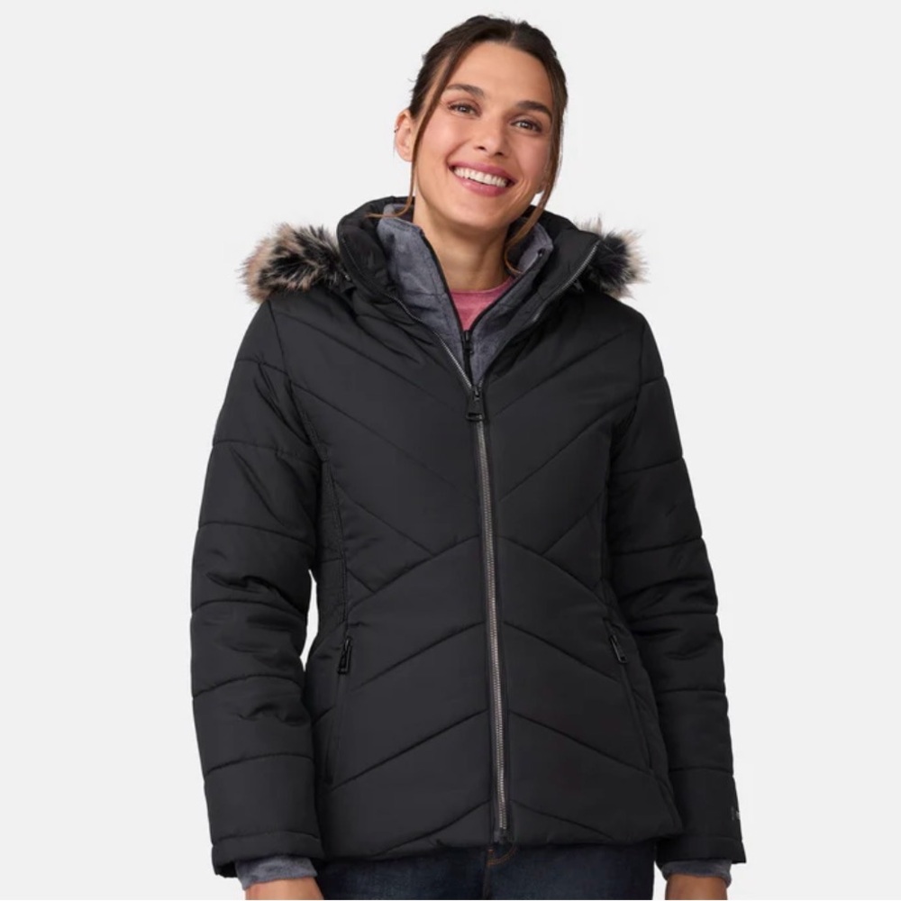 Free Country Women's Black Puffer Jacket with Faux Fur Hood